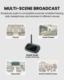 AuraPlex X2 Auracast Group Listening System transmitter, supports compatible hearing aids and wireless headphones for churches, classrooms, theaters, and events.