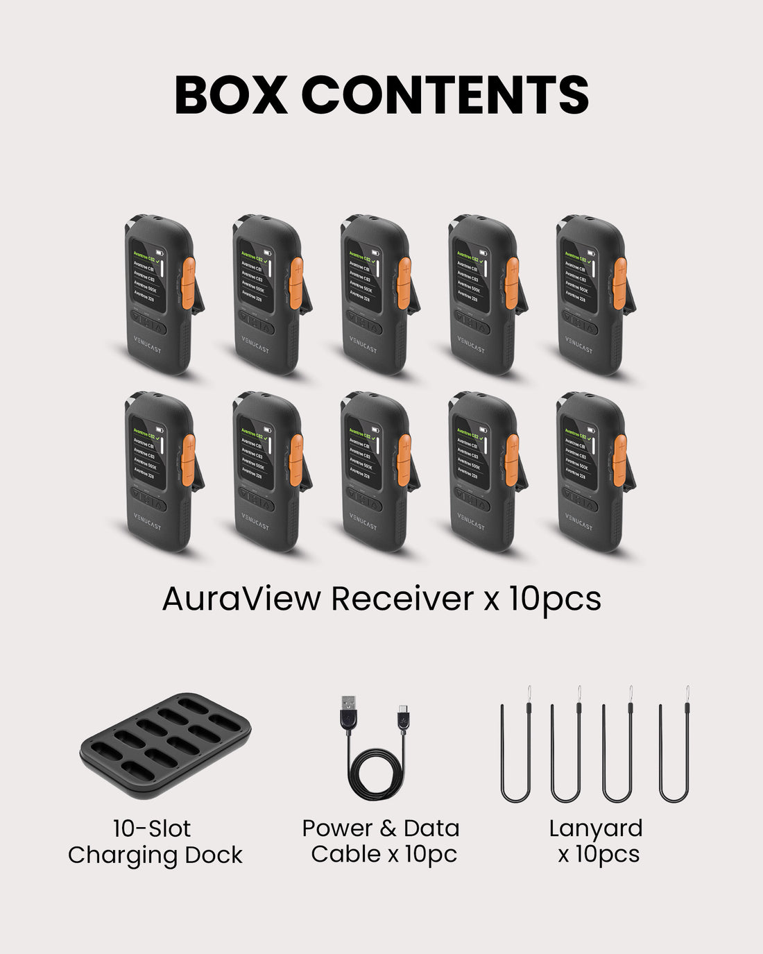AuraView 10-Pack Auracast Receiver System with Charging Dock and OLED Display for churches, includes 10 receivers, 10 lanyards, charging dock, power data cable.