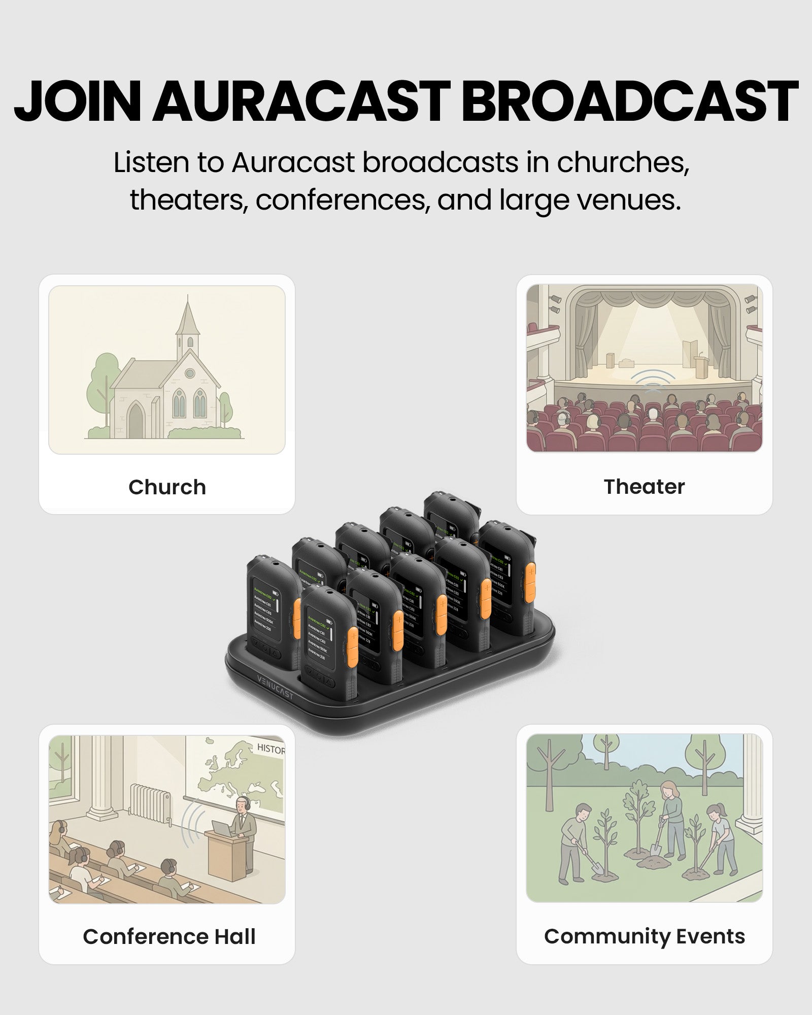 AuraView 10-Pack AuraView Auracast Receiver System 10 Pack with Charging Dock, OLED Display for Church, Conference, Theater, Senior Centers, and large venues