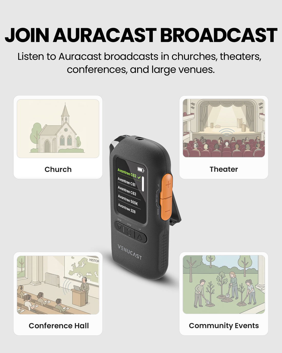 AuraView Auracast Receiver with OLED Display, ideal for churches, classrooms, conferences, theaters, and senior centers for clear shared-listening audio.