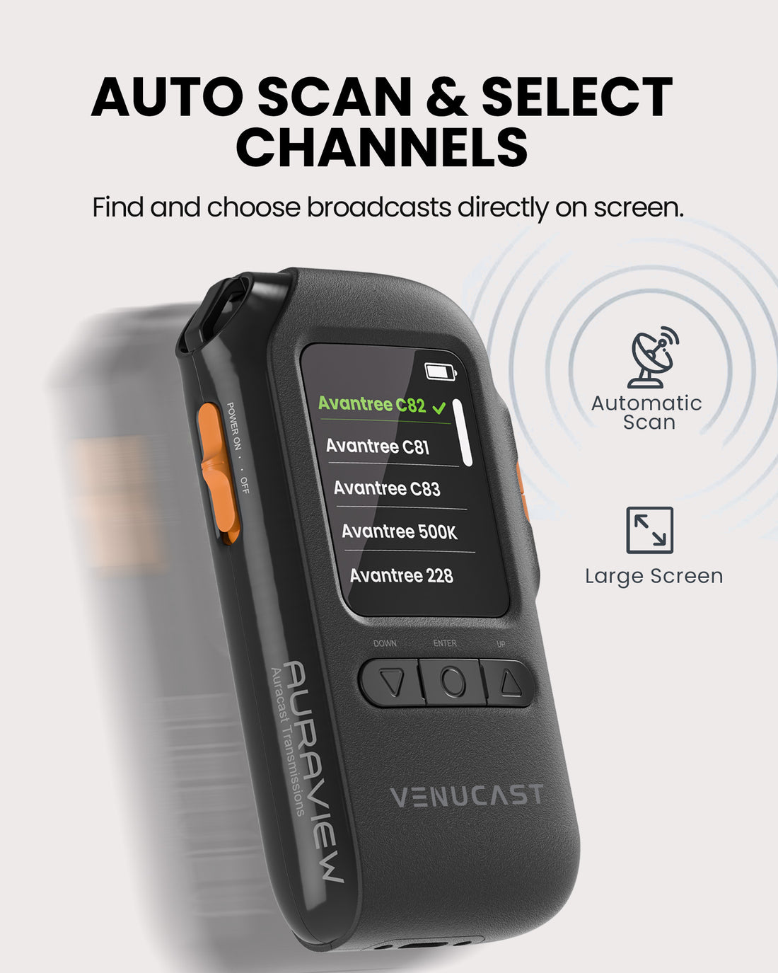 AuraView 10-Pack Auracast Receiver System with Charging Dock and OLED Display for churches and venues, OLED screen displays up to 10 Auracast channels.