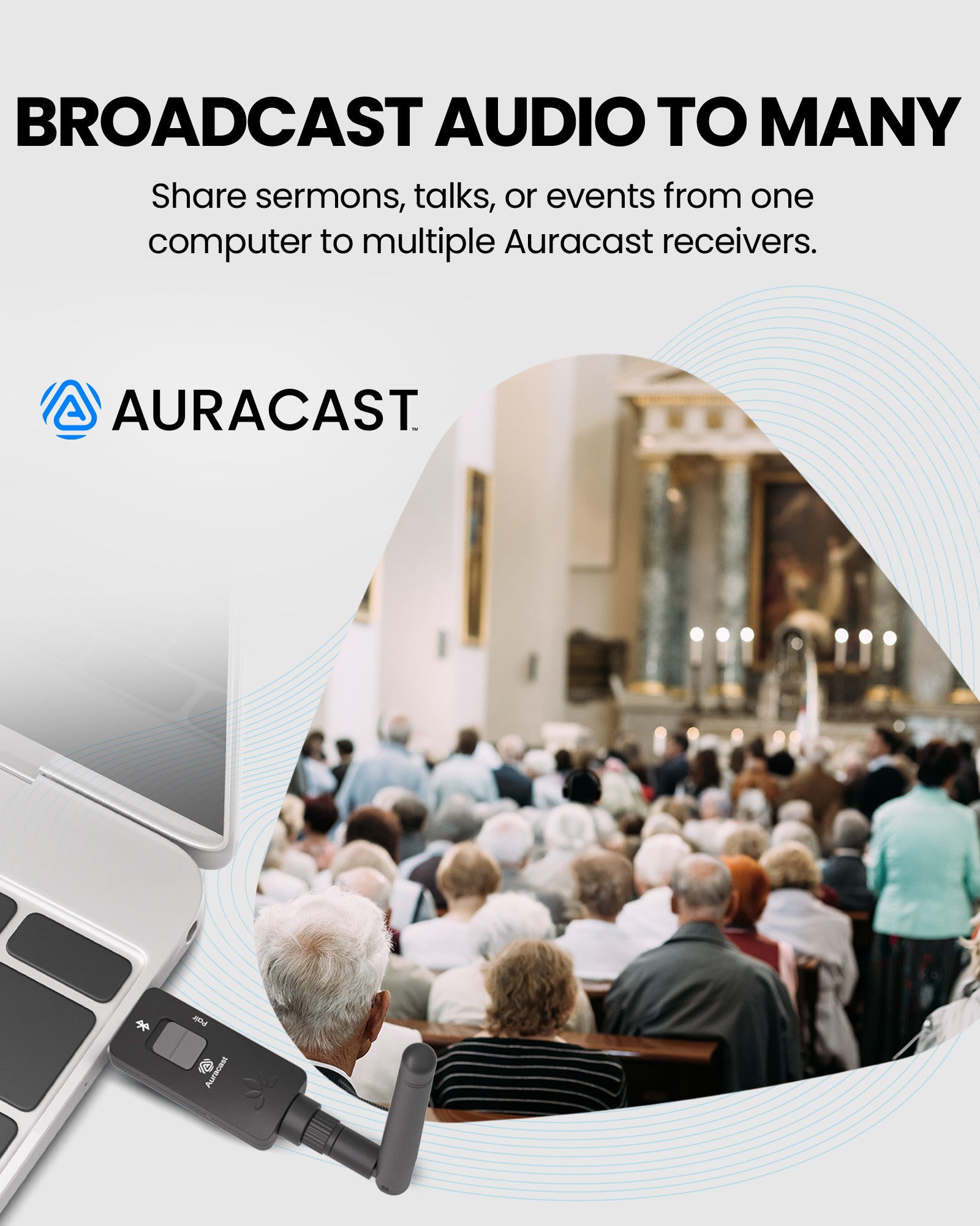DG60 Aura USB-A Auracast Venue Transmitter for PC, long range, broadcast audio to many auracast headphones, hearing aids, receivers.