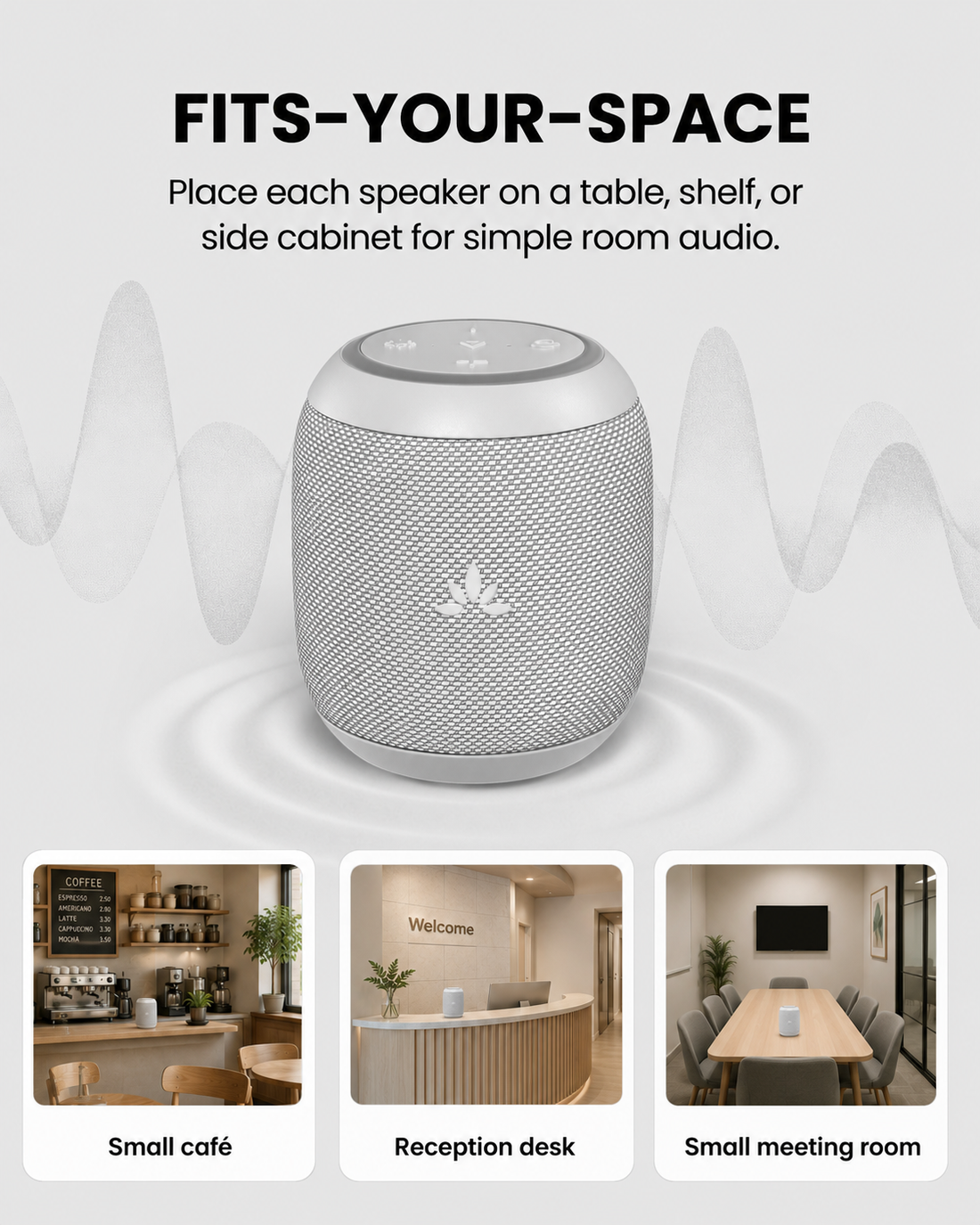 Harmony A0 Solo Auracast Bluetooth 5.4 Transmitter and 3 sync Speakers, Expandable Wireless Audio System for restaurants, cafés, classroom, meeting and venues.
