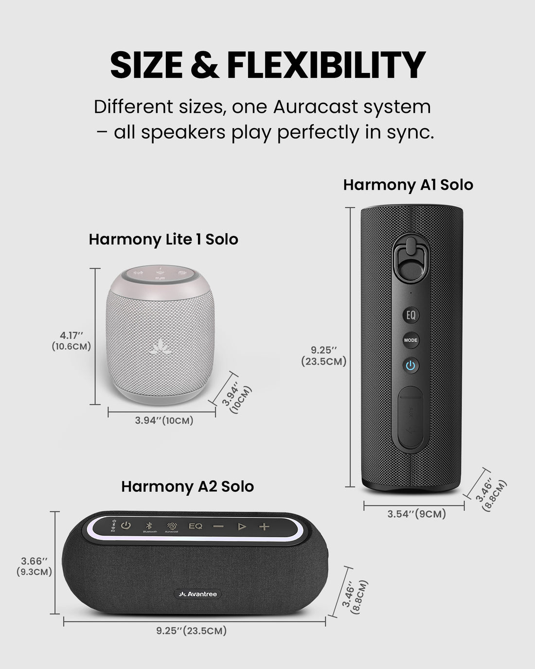 Harmony Speakers Auracast Bluetooth 5.4 transmitter with 3 synchronized speakers, expandable wireless audio system for restaurants, cafés, meeting rooms, and venues, offering different sizes with synchronized playback.