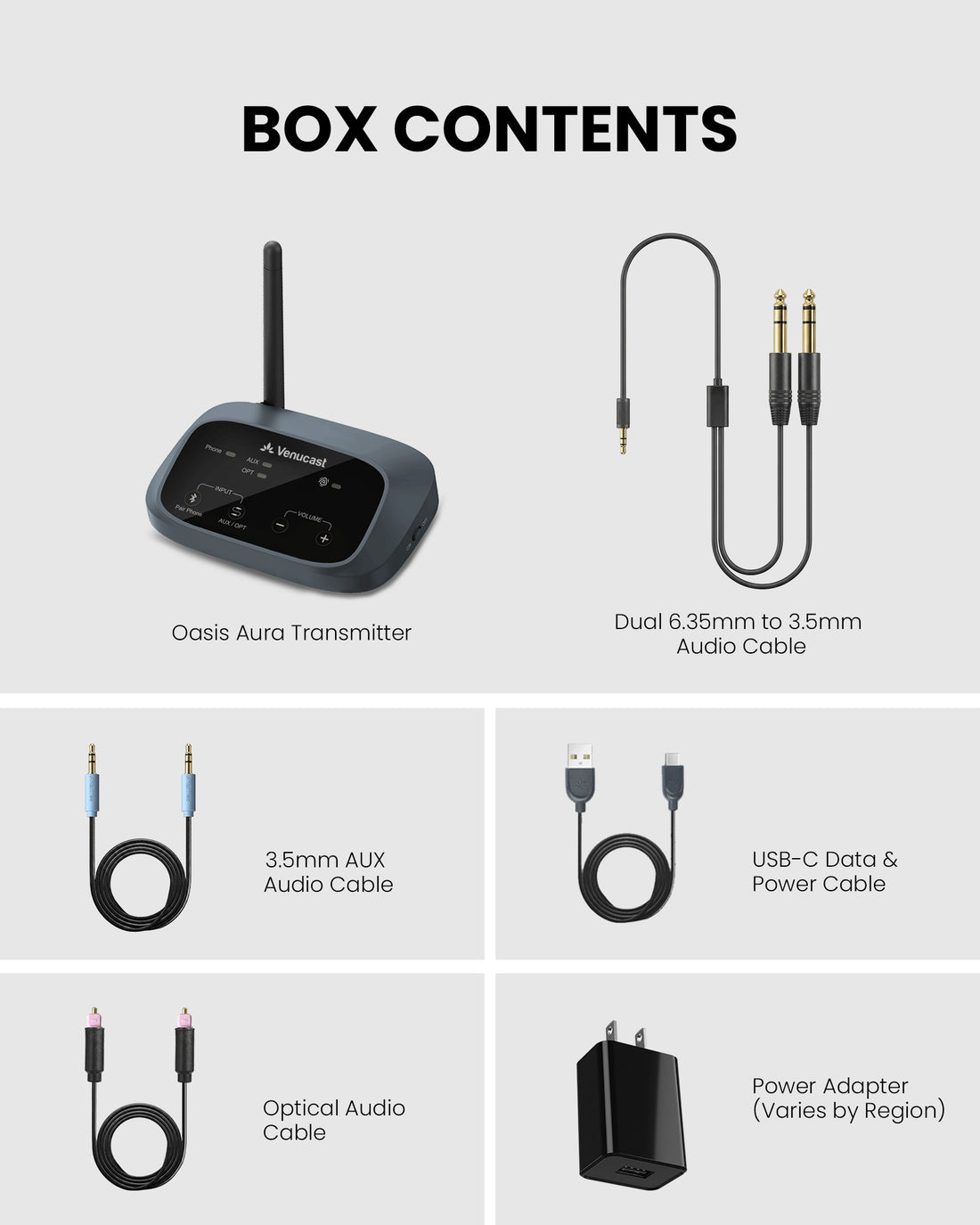 Oasis Aura Auracast venue transmitter kit for churches and home TV setups, including one Oasis Aura transmitter and setup cables