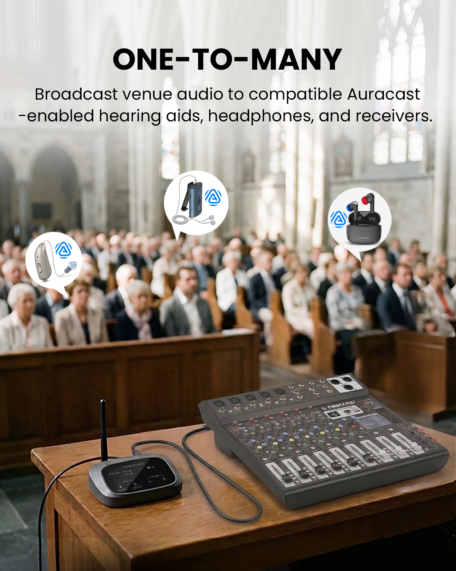 Oasis Aura Auracast Transmitter for churches and venues for group listening via auracast enabled hearing aids, headphones, and speakers