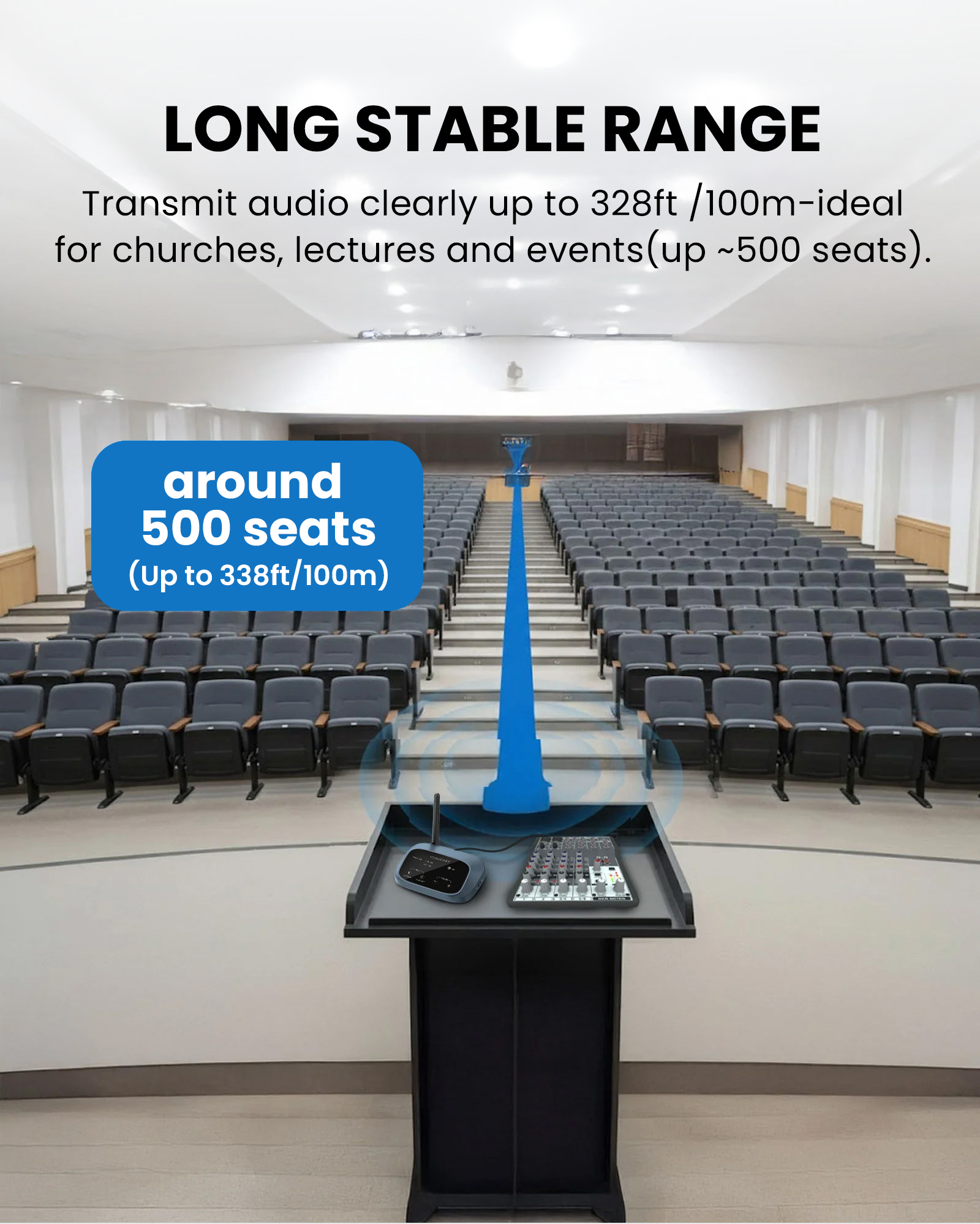 Oasis Aura Auracast churches, classrooms, senior centers, and home TV setups, transmits clear audio with up to 328 ft range and for up to 500 seats.