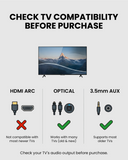 Oasis Aura Auracast transmitter for churches, public events, and home TV setups, supporting optical, 3.5 mm AUX, and Bluetooth audio input, not compatible with HDMI.