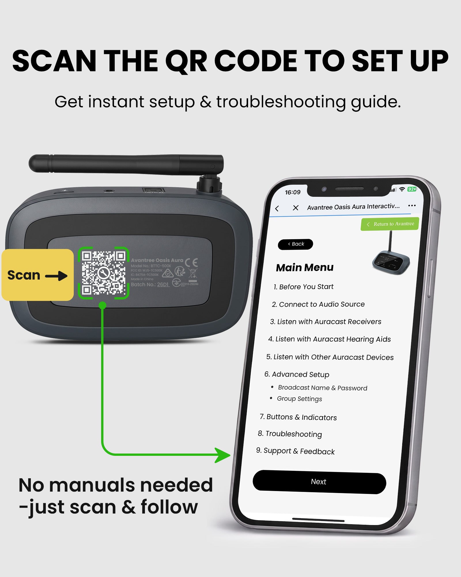 Oasis Aura Auracast transmitter for churches, public events, and home TV setups with QR code scan for instant set-up, and troubleshooting guide.