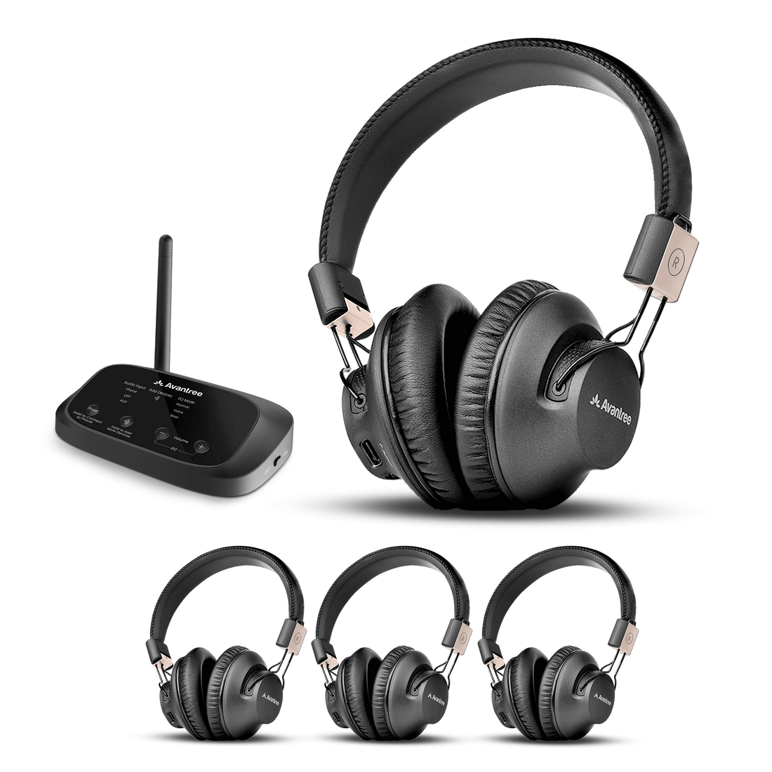 Quartet 2 2.4G Wireless Group Listening Headphones Set for TV, movie, music, or live audio to 4 headphones, ideal for families, home theater, classrooms, or church.