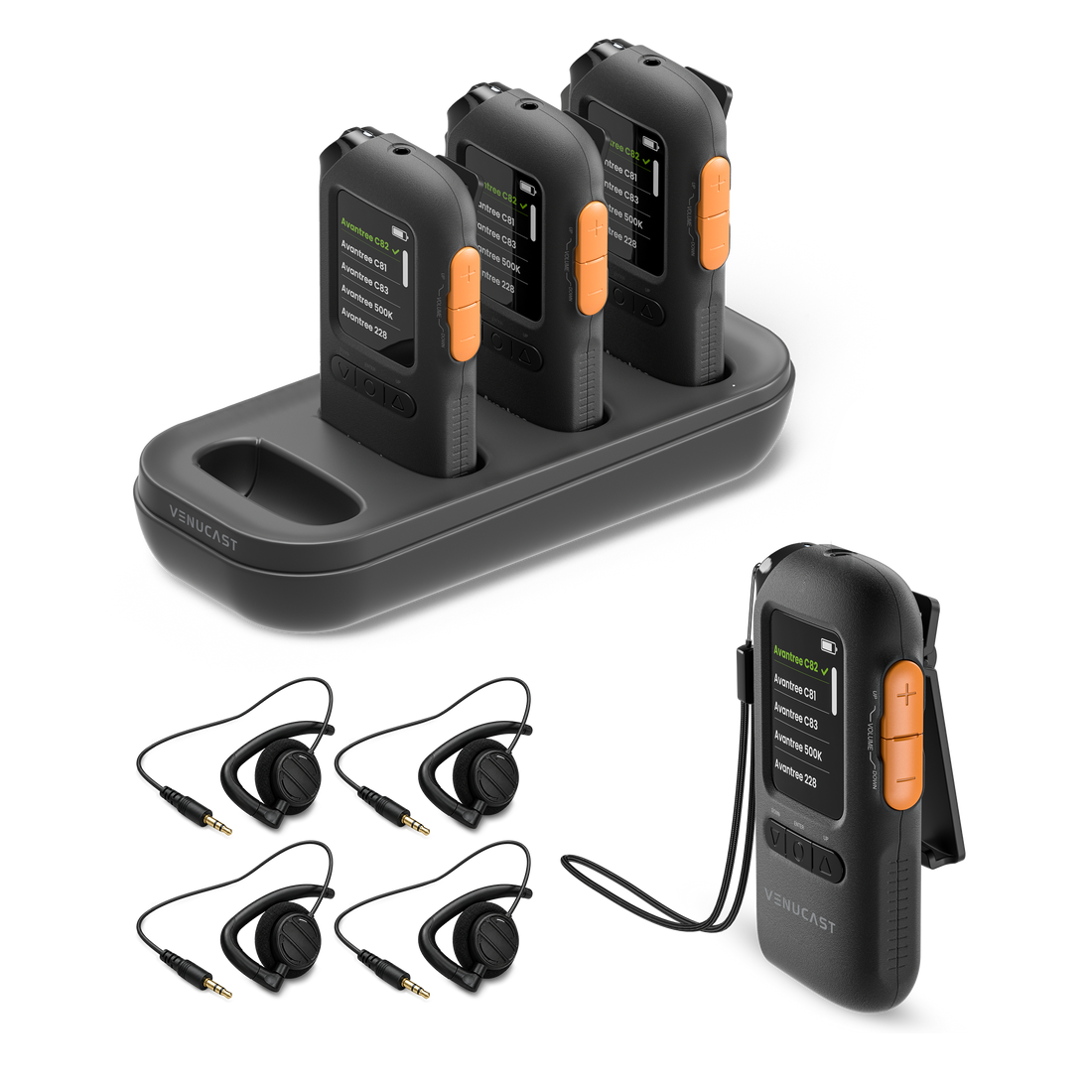 AuraView Auracast Receiver System 4-Pack with Charging Dock, OLED Display. Compatible 3.5mm jack for wired headphones, earbuds, headsets, and T-Coil neckloops.