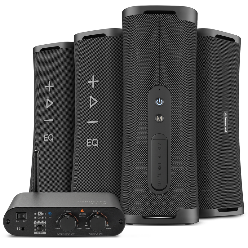 Harmony A4 wireless multi-speaker system with AirCast transmitter and four 50W Harmony A4 Solo speakers