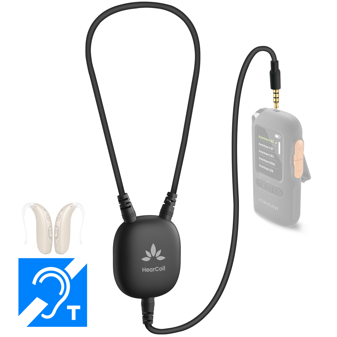 HearCoil wired neckloop connected to a 3.5 mm receiver for T-coil hearing aids