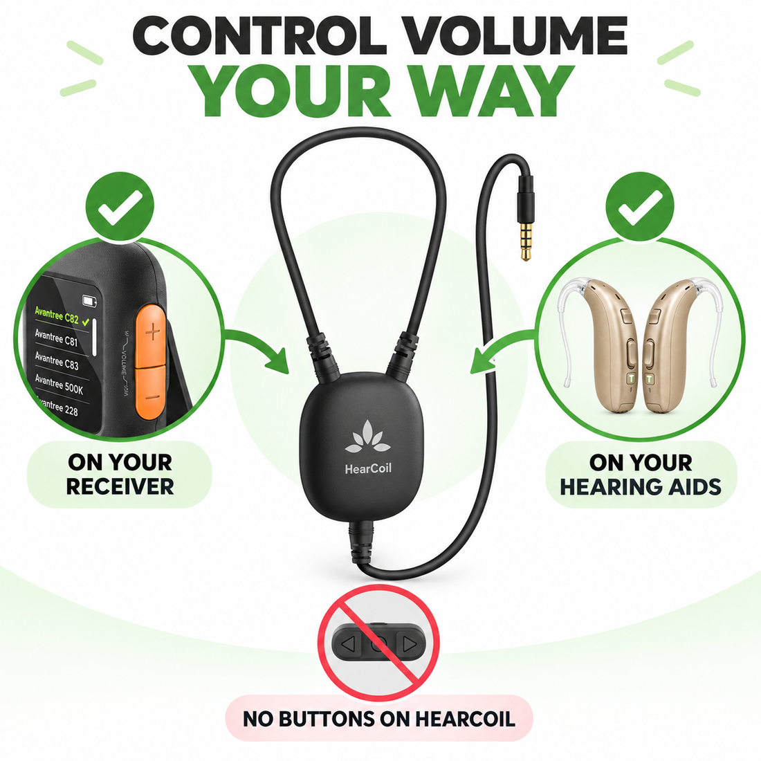 Adjust HearCoil listening volume on the receiver or T-coil hearing aids