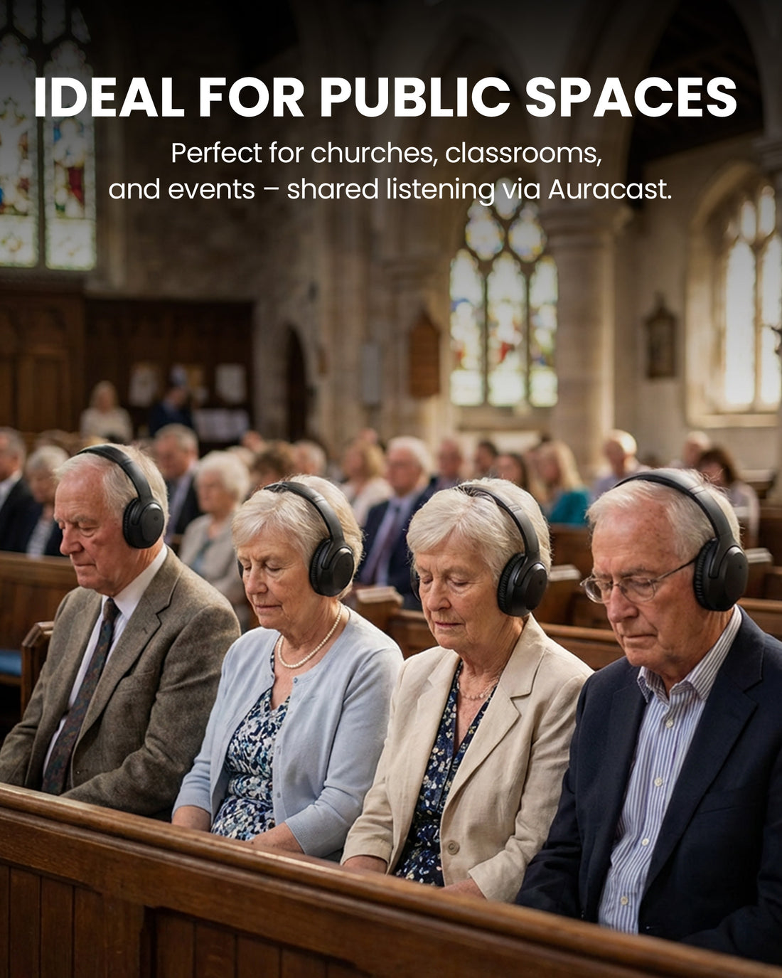 Aura Aria 4 Pro Auracast Headphones for Churches, Theaters, Classrooms & Meetings, and public spaces, enabling shared audio listening via Auracast.