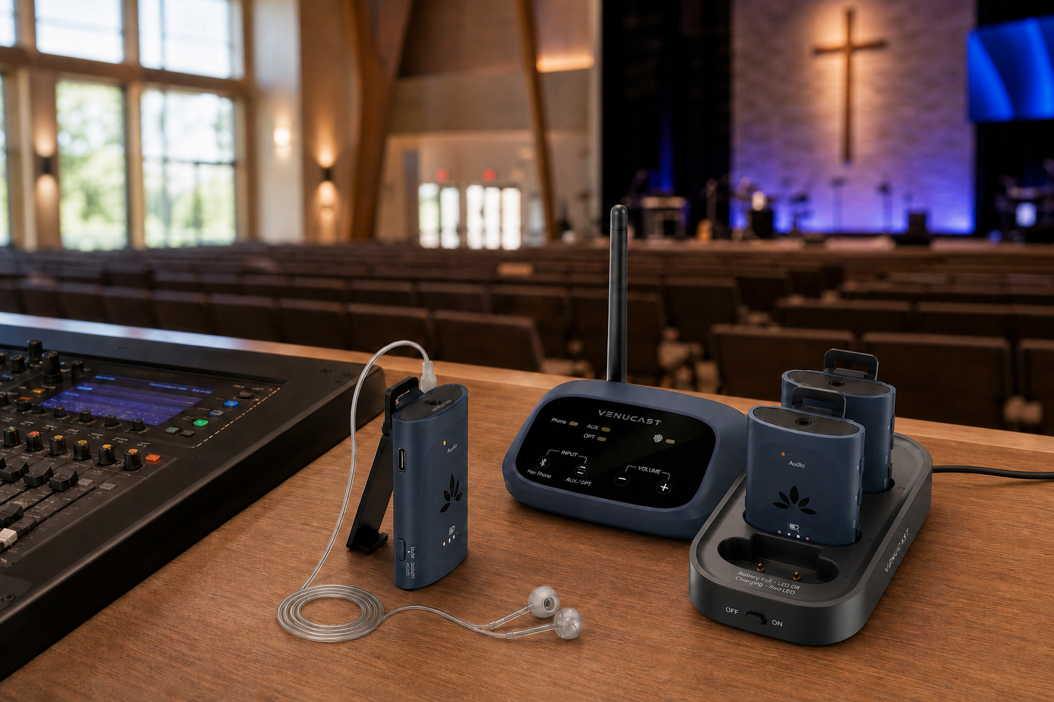 AuraPlex M3 Auracast system ready for evaluation at a venue audio desk