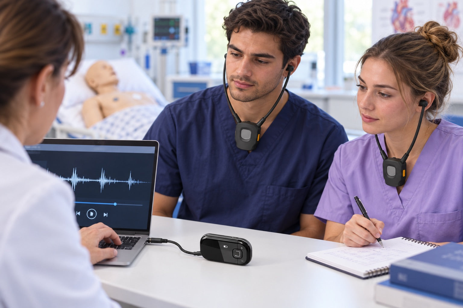 Students wearing Auraband receivers listening to heart sound recordings played through a laptop and Voyager transmitter in a medical simulation lab