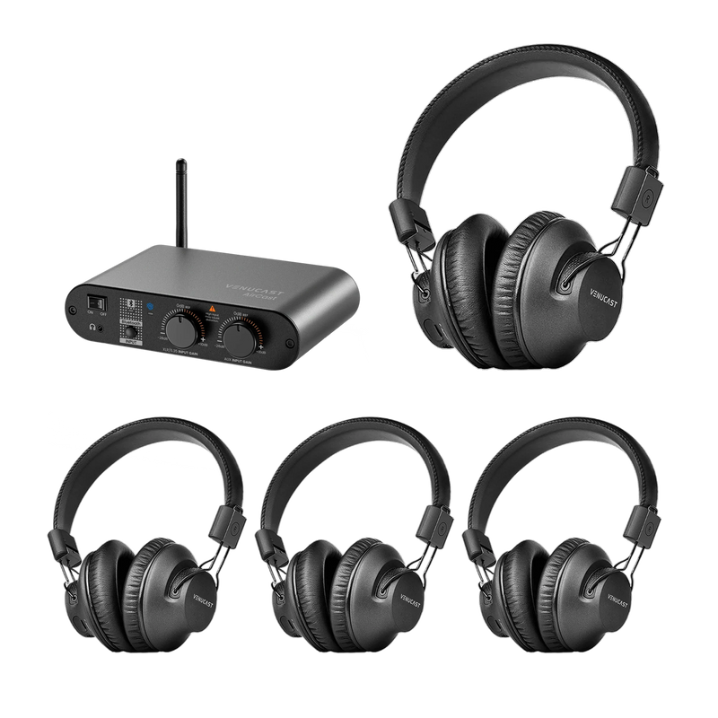 AuraPlex Pro-Lite 4 assistive listening system with one AirCast transmitter and four Lite Aura Auracast headphones