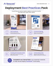 Venucast Venue Deployment Best Practices Pack with roll-up banner, A2 Auracast signage, hearing aid connection guide, and Venue Onboarding Guide