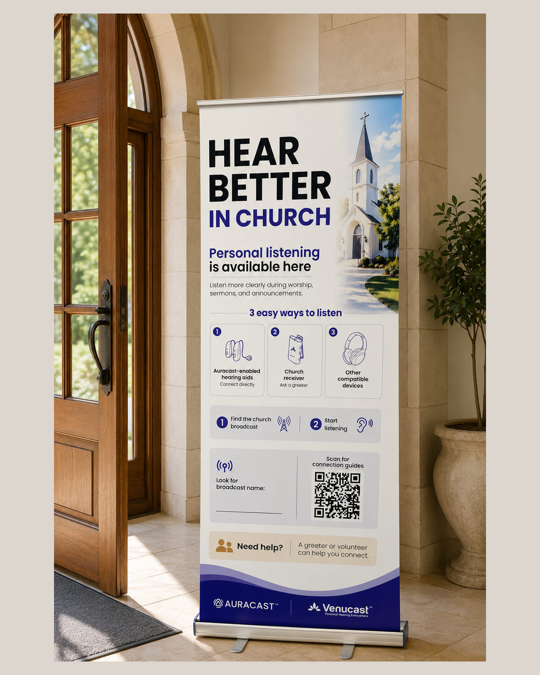 Church Deployment Pack roll-up banner displayed at a church entrance