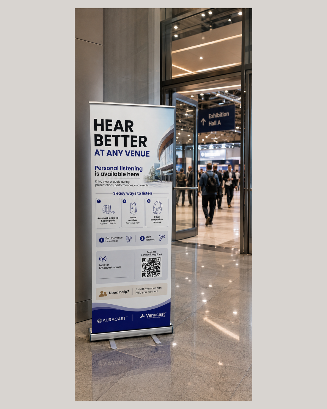 Venue Deployment Pack roll-up banner displayed at an event venue entrance
