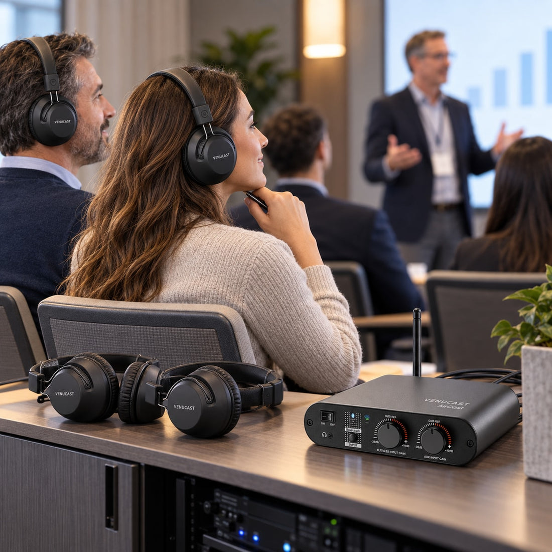 Guests using Lite Aura headphones with AirCast during a conference or training session