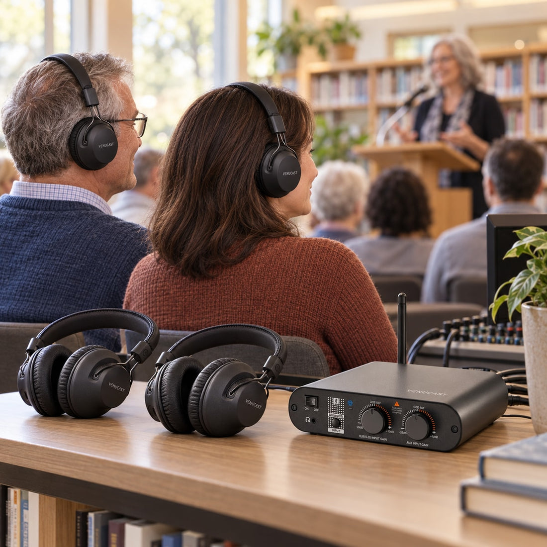 Community program audience using Lite Aura headphones with an AirCast assistive listening system