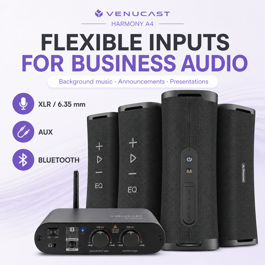 Harmony A4 professional XLR 6.35 millimeter AUX and Bluetooth inputs