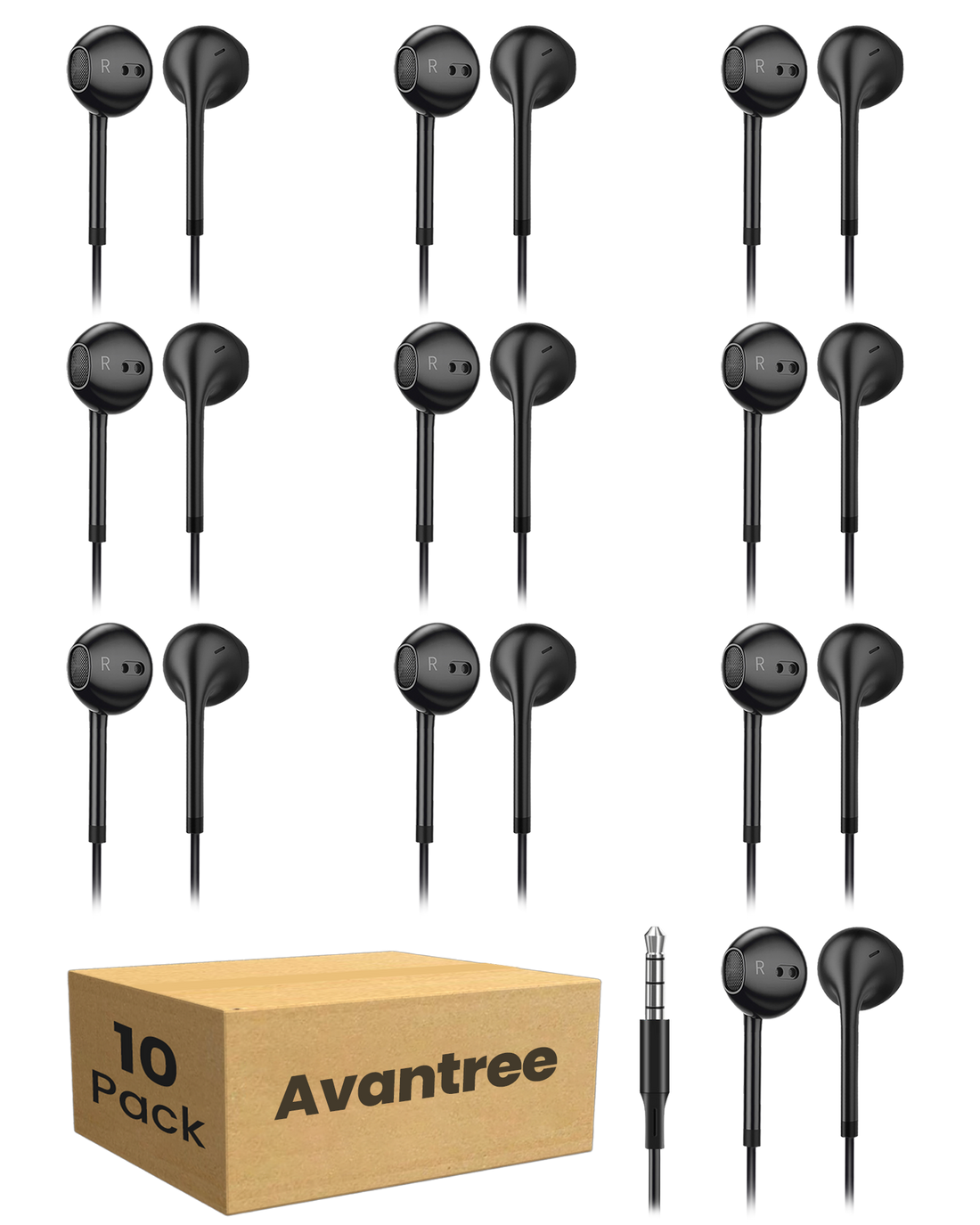 Wired earbuds for AuraClip and Audiplex/AuraPlex receivers, 10 pack compatible with 3.5 mm AUX port.