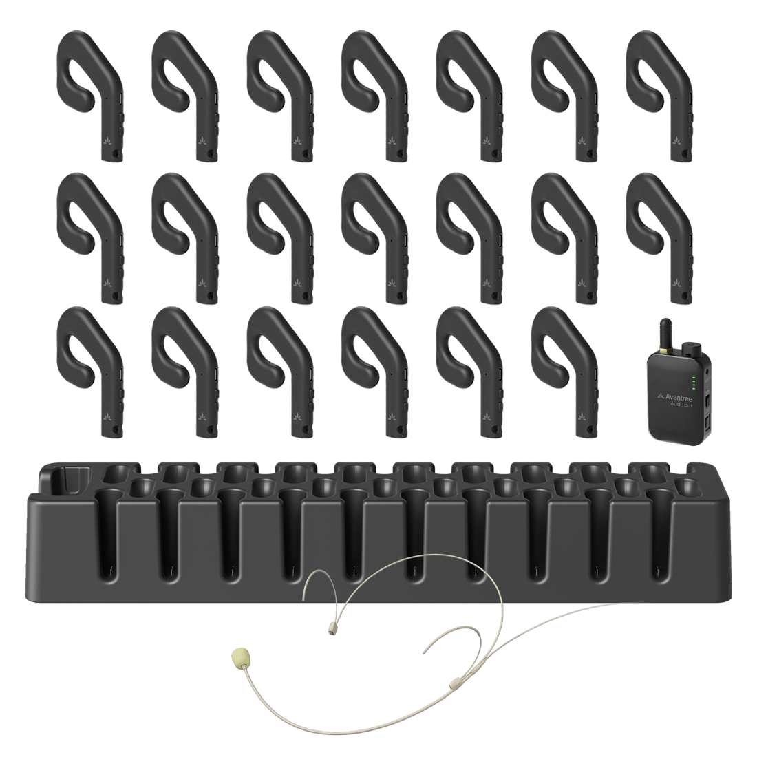 AudiTour system with 20 open-ear headphones, lanyards, charging docks, transmitter, and microphone