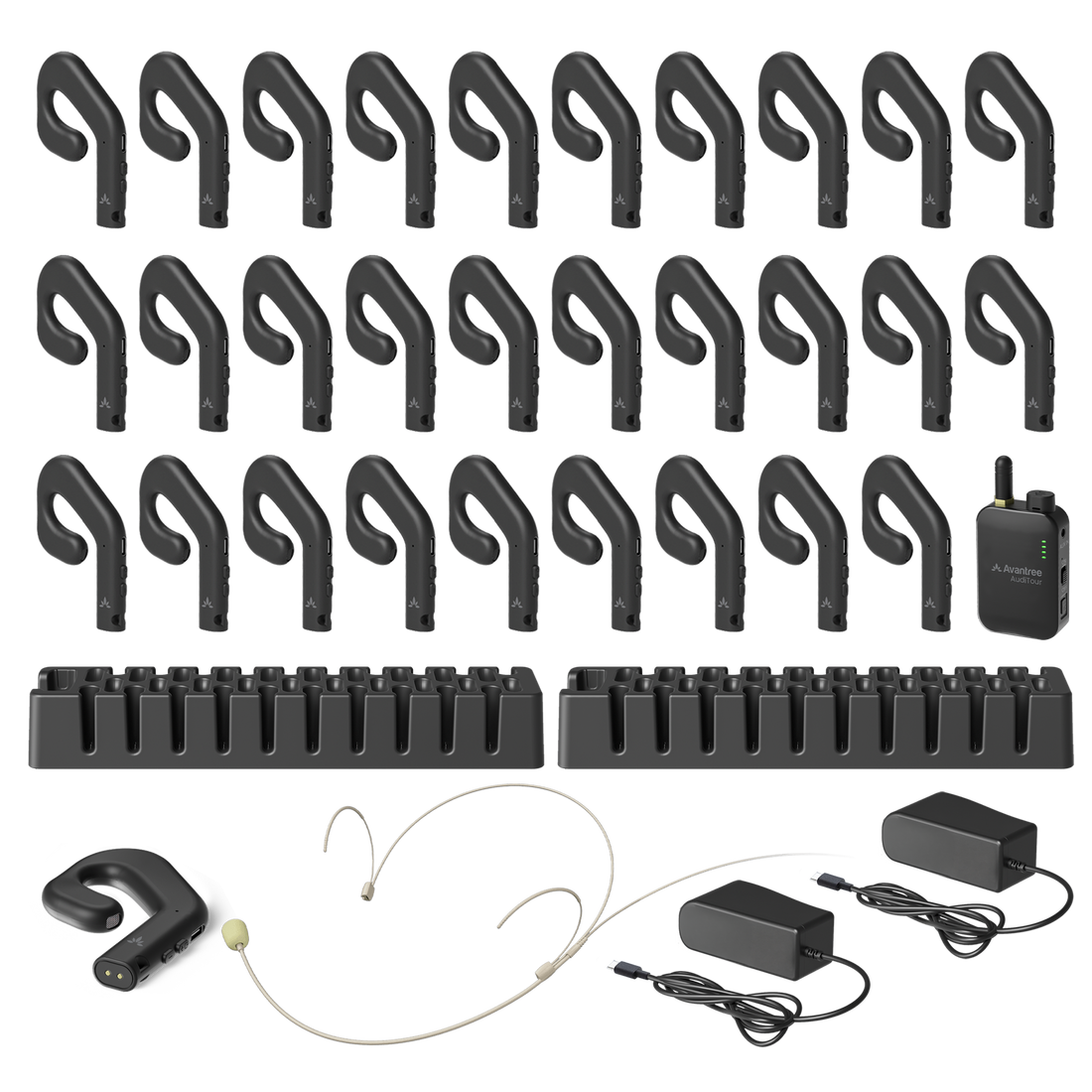 AudiTour system with 30 open-ear headphones, lanyards, charging docks, transmitter, and microphone