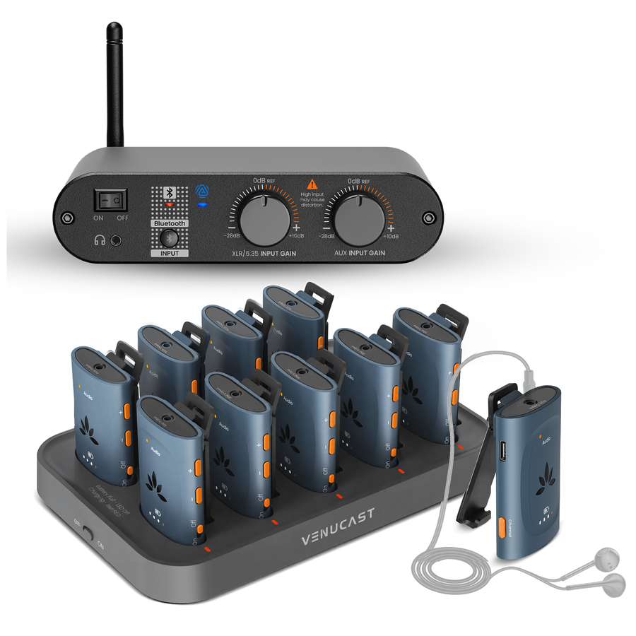 AuraPlex Pro MX AuraClip Venue Auracast Receiver System 10 Pack with AirCast Transmitter & Charging Dock, Assistive Listening Devices for Church, Conference, Theater, Senior Centers