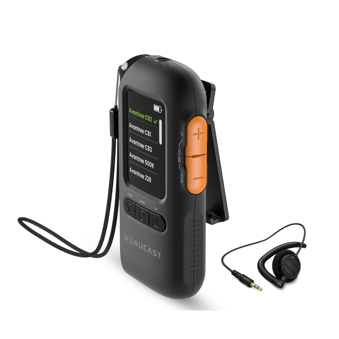 AuraView Auracast Receiver with OLED Display for churches, classrooms, conferences, theaters, and senior centers with clear Auracast broadcast audio.