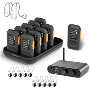 AuraPlex Pro-View 10 Auracast Receiver System with AirCast Transmitter and Charging Dock, supports Auracast hearing aids, receivers, and 3.5mm headphones.