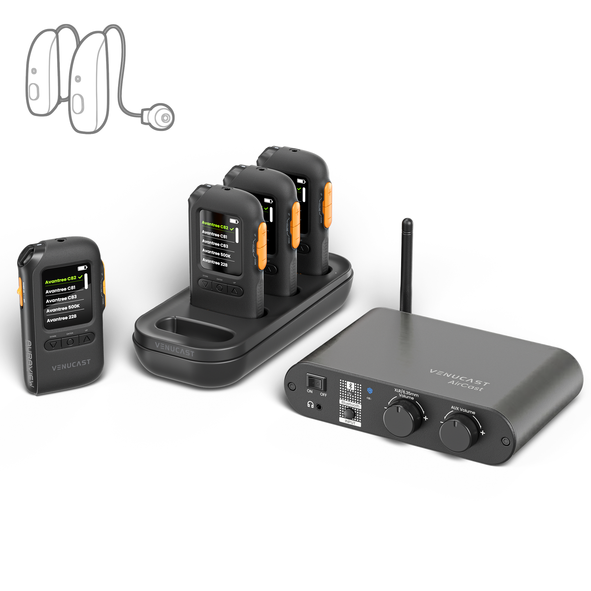 AuraPlex Pro-View 4 Auracast Receiver System 4 Pack with AirCast Transmitter & Charging Dock, OLED Display Assistive Listening Devices for Church, Conference, Theater, Senior Centers