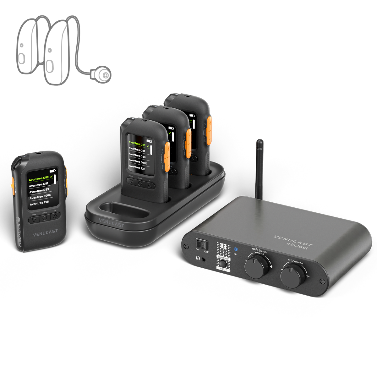 AuraPlex Pro-View 4 Auracast Receiver System 4 Pack with AirCast Transmitter & Charging Dock, OLED Display Assistive Listening Devices for Church, Conference, Theater, Senior Centers