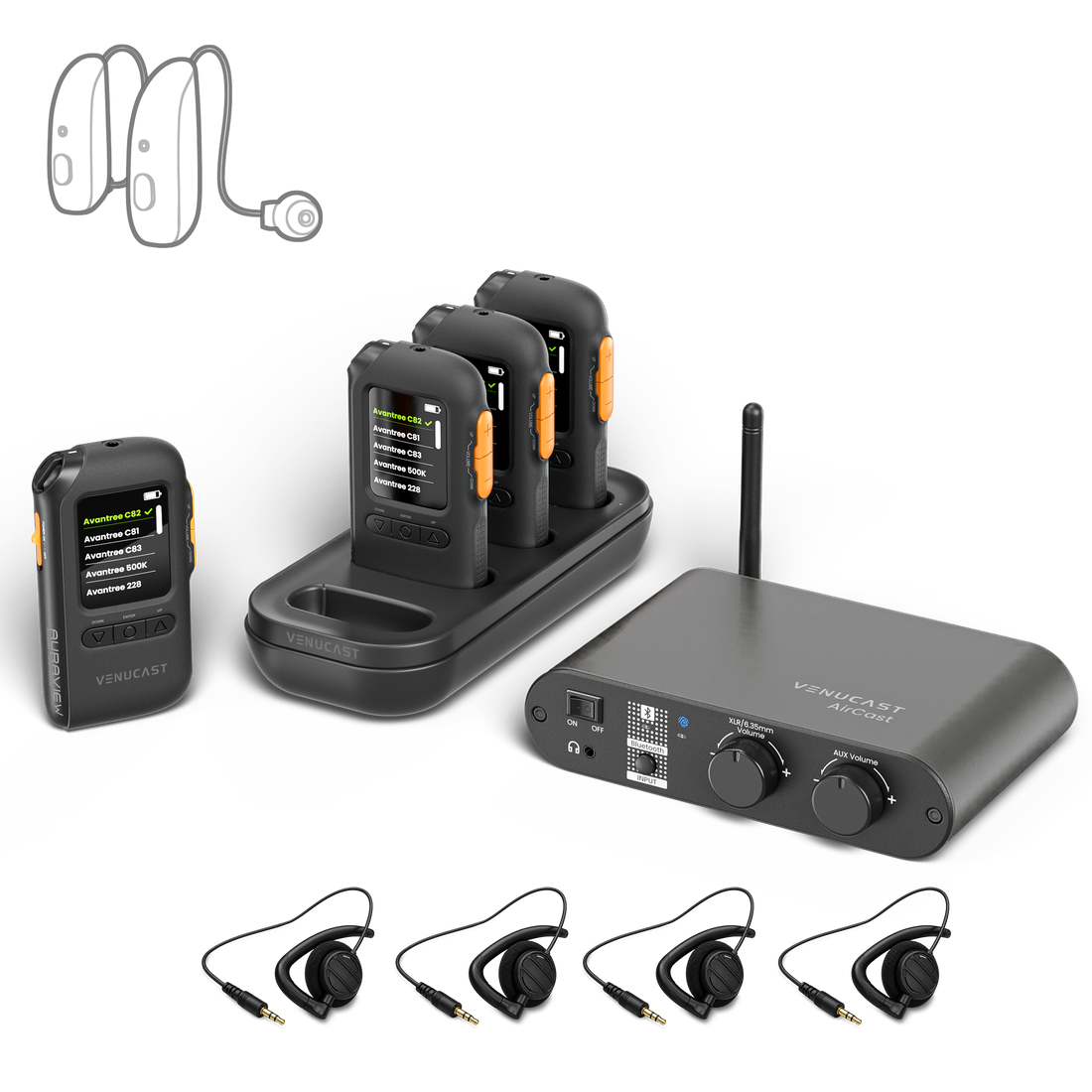 AuraPlex Pro-View 4 Auracast Receiver System with AirCast Transmitter and Charging Dock, supports Auracast hearing aids, receivers, and 3.5mm headphones.