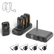 AuraPlex Pro-View 4 Auracast Receiver System with AirCast Transmitter and Charging Dock, supports Auracast hearing aids, receivers, and 3.5mm headphones.