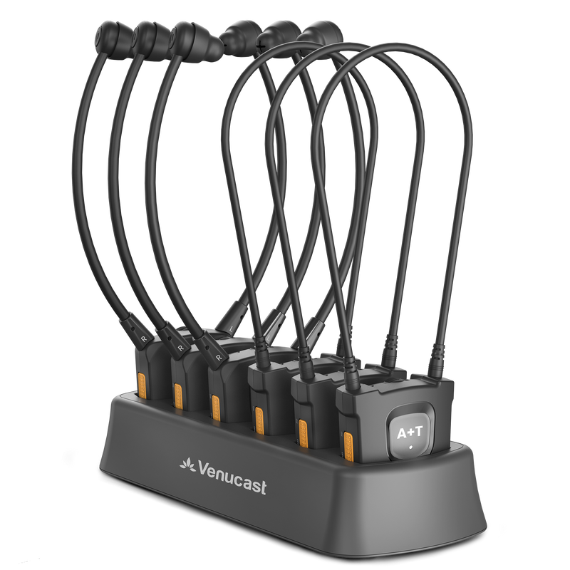 39091 Auracast Assistive Listening Kit for Churches & Public Venues, 3 AuraCoil Auracast Receivers + 3 Auraband Auracast Earbuds, Charging Dock Included