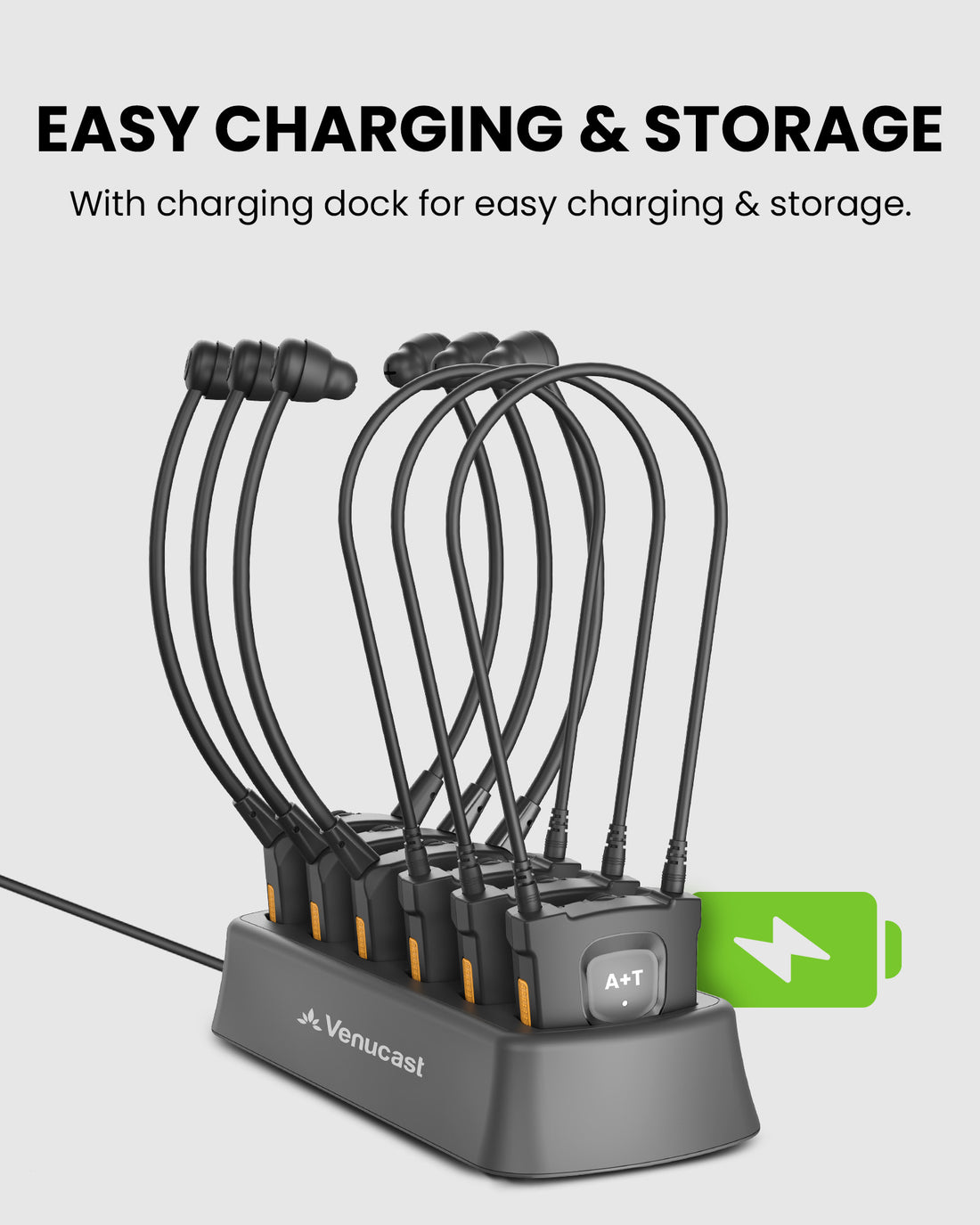 Auracast Assistive Listening Kit for Churches & Public Venues, charging docks keep six receivers organized, and powered.