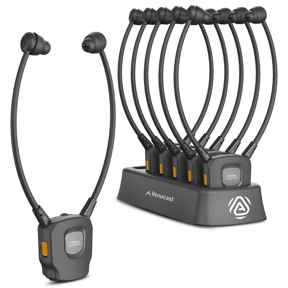 AuraBand 6-Pack Auracast Wireless Earbuds for Seniors, 6-Pack with Charging Dock. Assistive Listening for Public Venues. Cchurches, nursing homes, senior centers, clinics, and community events.