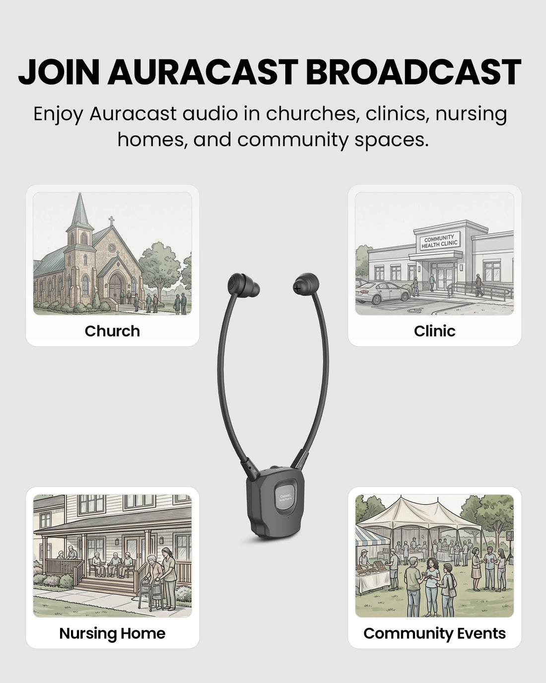 AuraBand-RX Auracast Wireless Earbuds for Church & Assistive Listening, ideal for churches, nursing homes, senior centers, clinics, and community events.