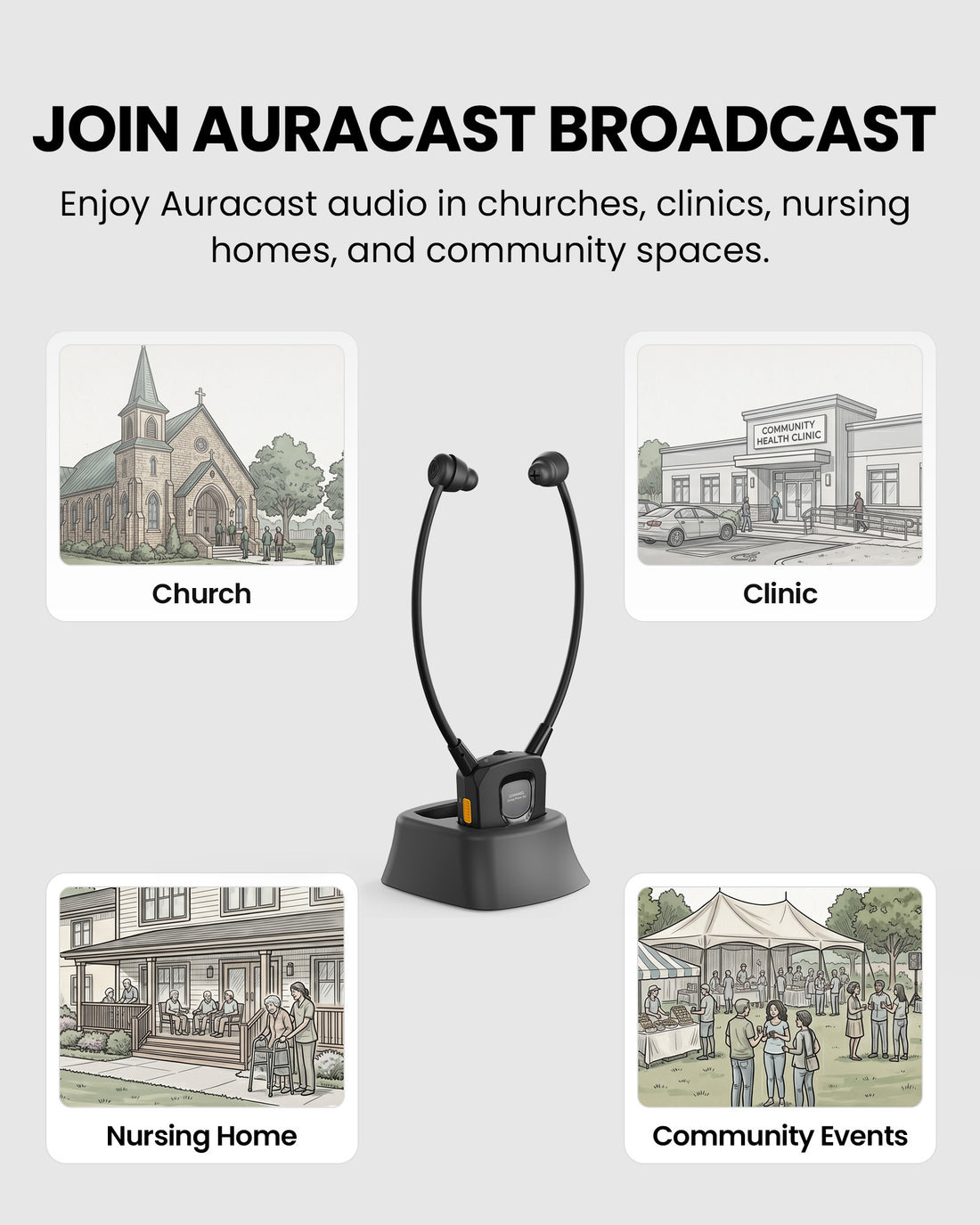 AuraBand Auracast Wireless Earbuds for Church & Assistive Listening, ideal for churches, nursing homes, senior centers, clinics, and community events.