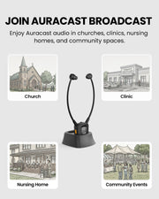 AuraBand Auracast Wireless Earbuds for Church & Assistive Listening, ideal for churches, nursing homes, senior centers, clinics, and community events.