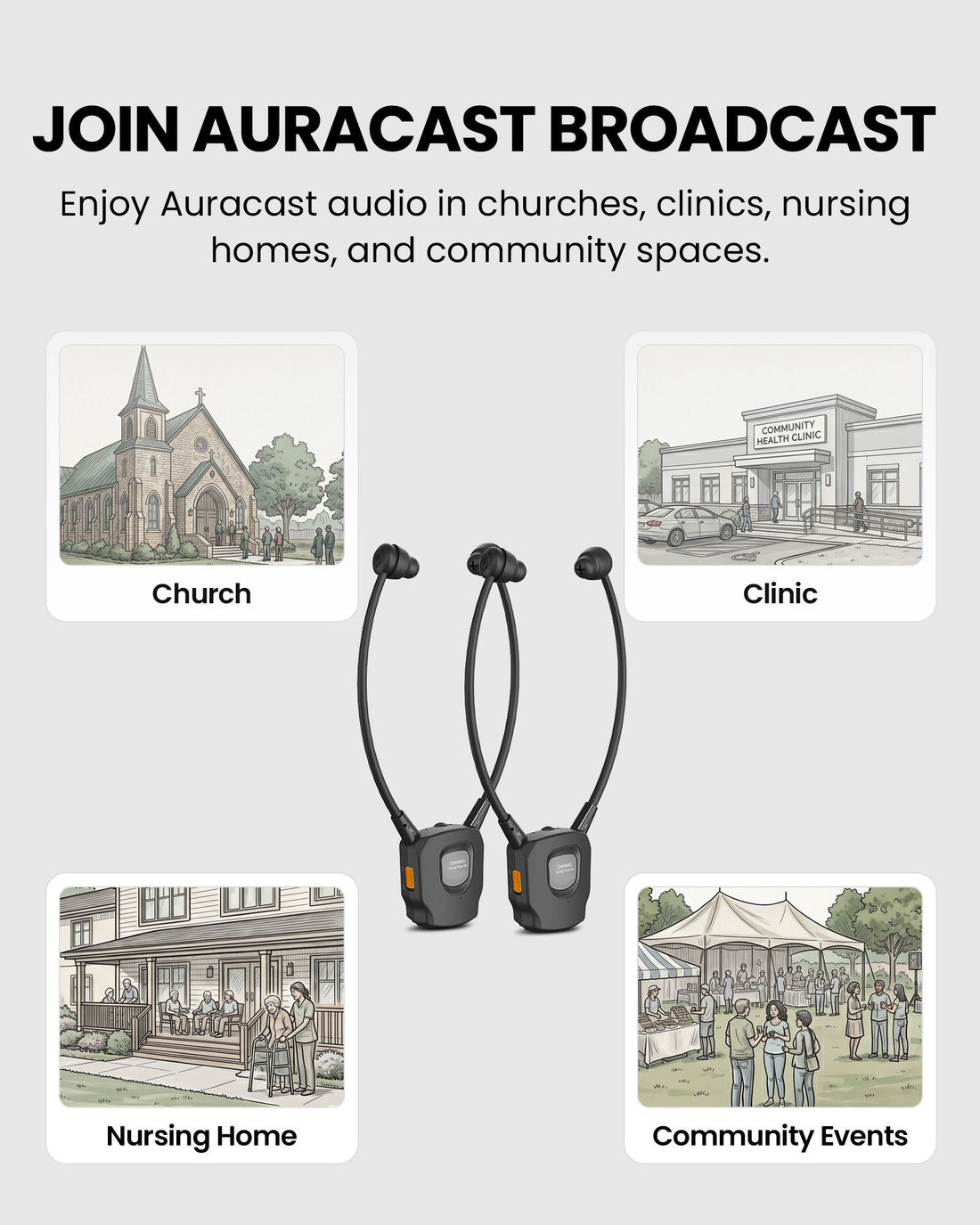 AuraBand 2-Pack Auracast Wireless Earbuds for Seniors with Charging Dock, clear Auracast assistive listening for churches, senior centers, clinics, nursing homes, and public venues.