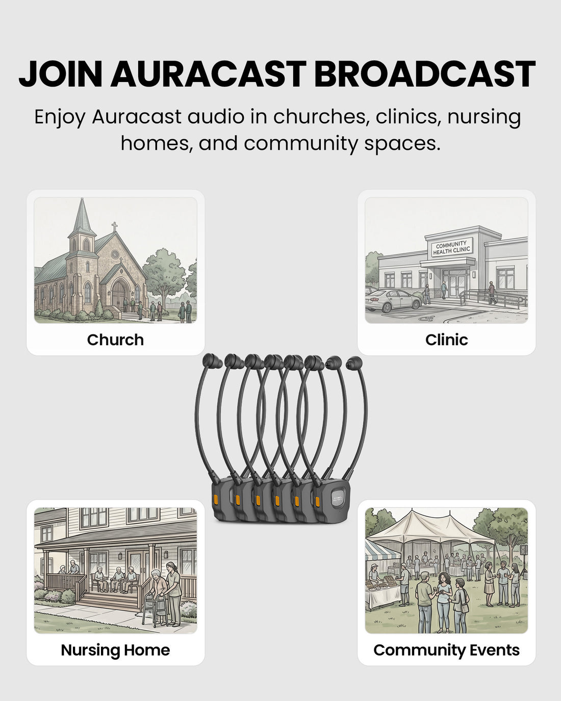 AuraBand 6-Pack Auracast Wireless Earbuds for Seniors with Charging Dock, clear Auracast assistive listening for churches, senior centers, clinics, nursing homes, and public venues.