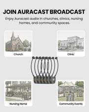AuraBand 6-Pack Auracast Wireless Earbuds for Seniors with Charging Dock, clear Auracast assistive listening for churches, senior centers, clinics, nursing homes, and public venues.