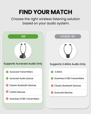 AuraBand Auracast Wireless Earbuds for Church & Assistive Listening, supports Auracast transmitters and broadcasts only; not compatible with Bluetooth, 2.4GHz, or HT381 transmitters.