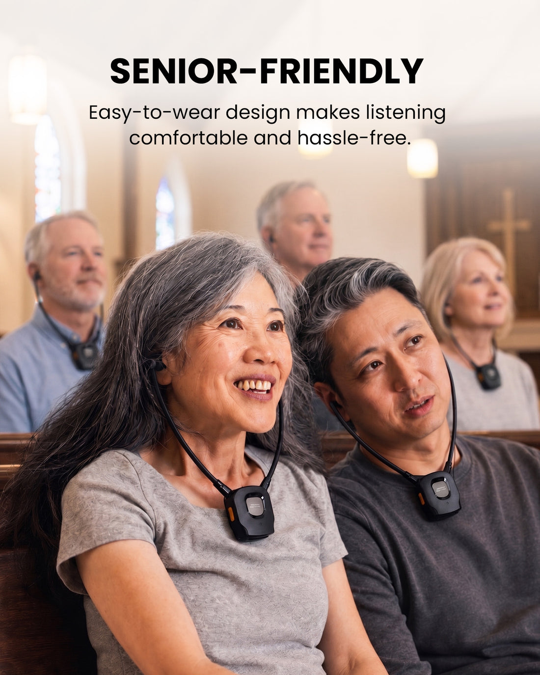 AuraBand 6-Pack Auracast Wireless Earbuds for Seniors, senior-friendly design for comfortable wear in churches and public venues.