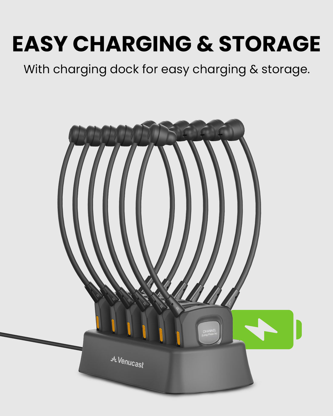 AuraBand 6-Pack Auracast Wireless Earbuds for Seniors with Charging Dock and replaceable batteries keeps earbuds powered, organized, and ready.
